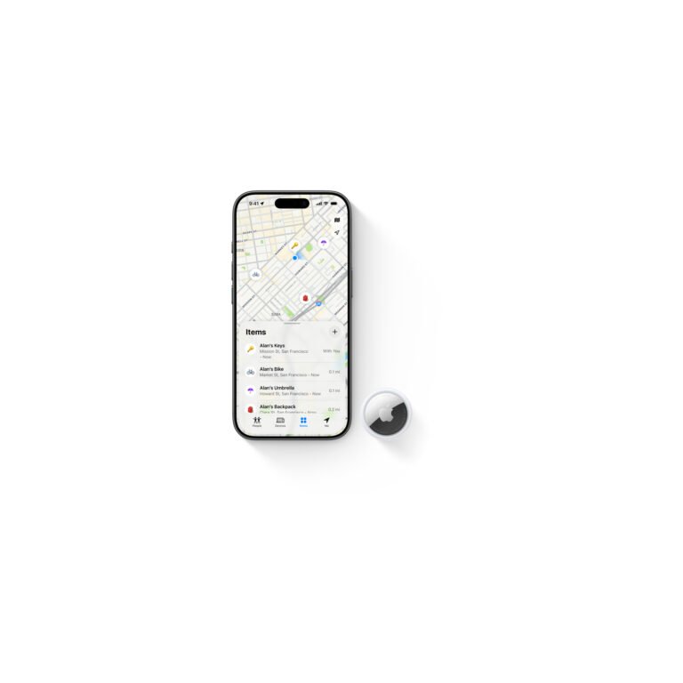 iPhone showing Find My app with AirTag location on map