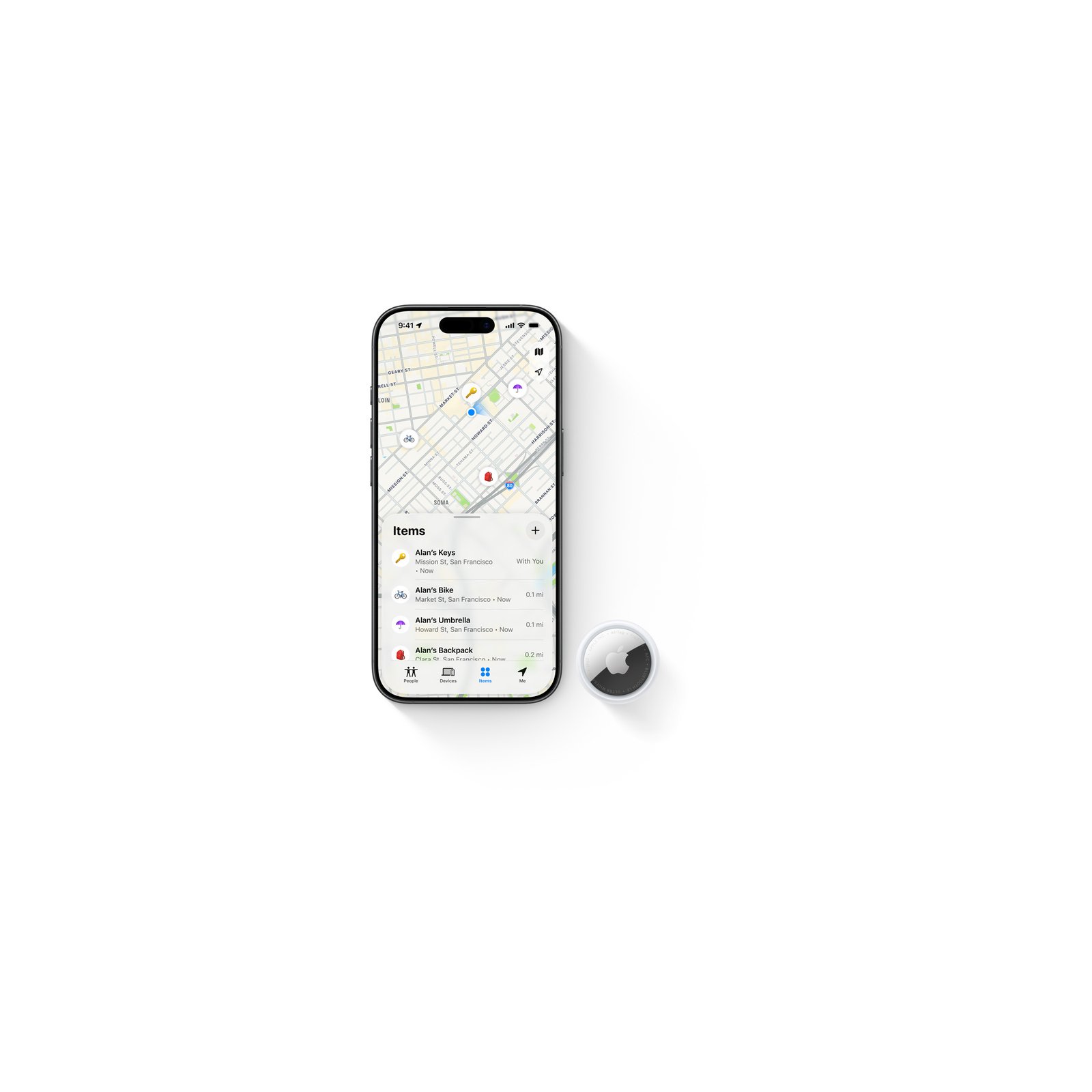 iPhone showing Find My app with AirTag location on map