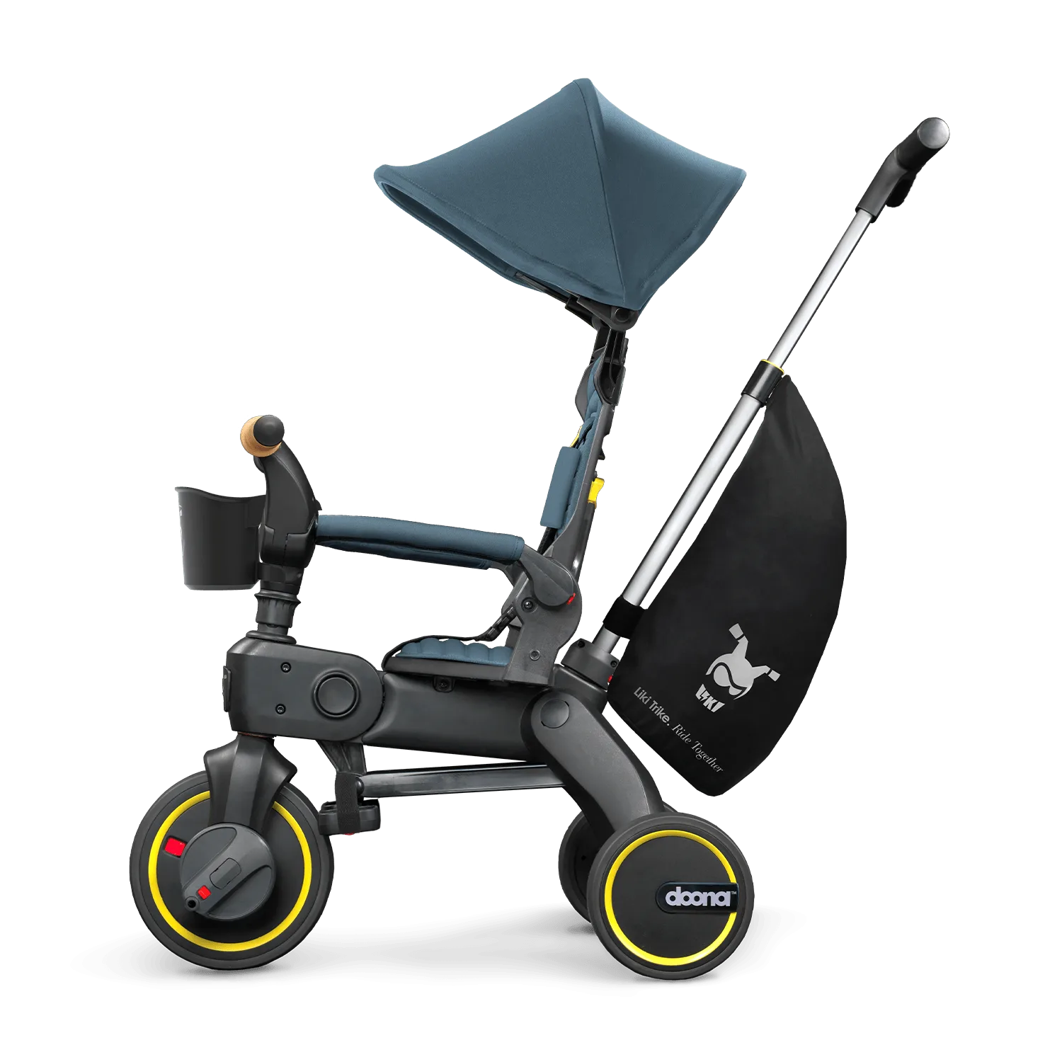 Doona Liki Trike S5 in Ocean Blue, parent-push mode with cup holder, white studio background