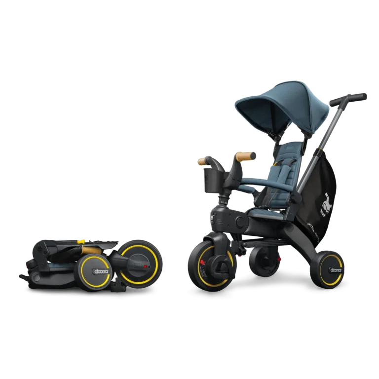 Doona Liki Trike S5 Ocean Blue shown open and folded side by side