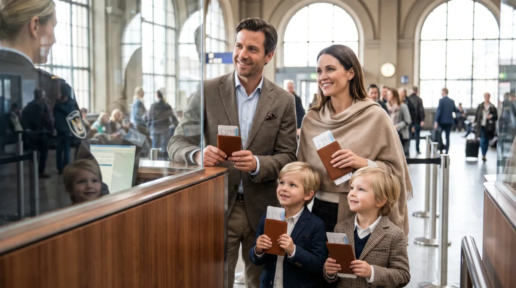 Editorial photogprahy. Luxury family travellers with their passports standing at airport border control in Europe