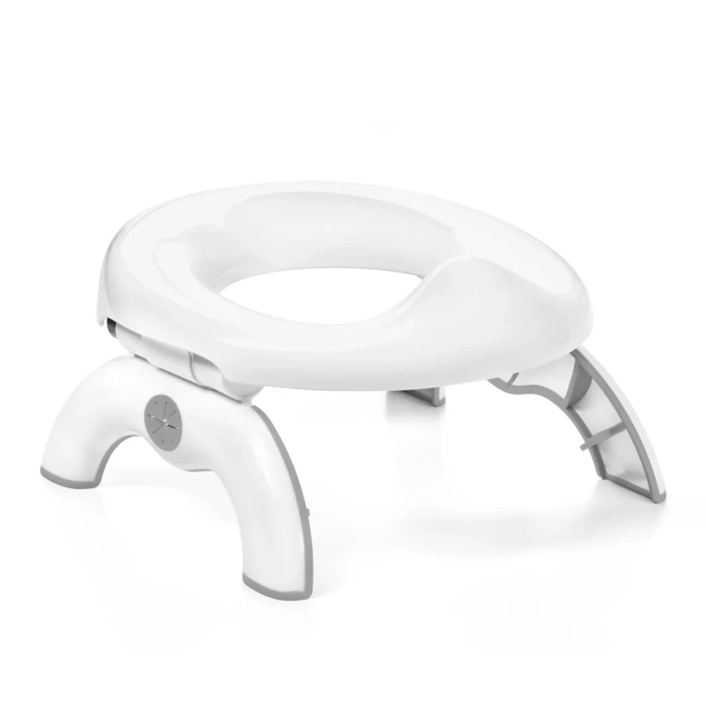 OXO Tot 2-in-1 Go Travel Potty in gray with folding legs extended on white background