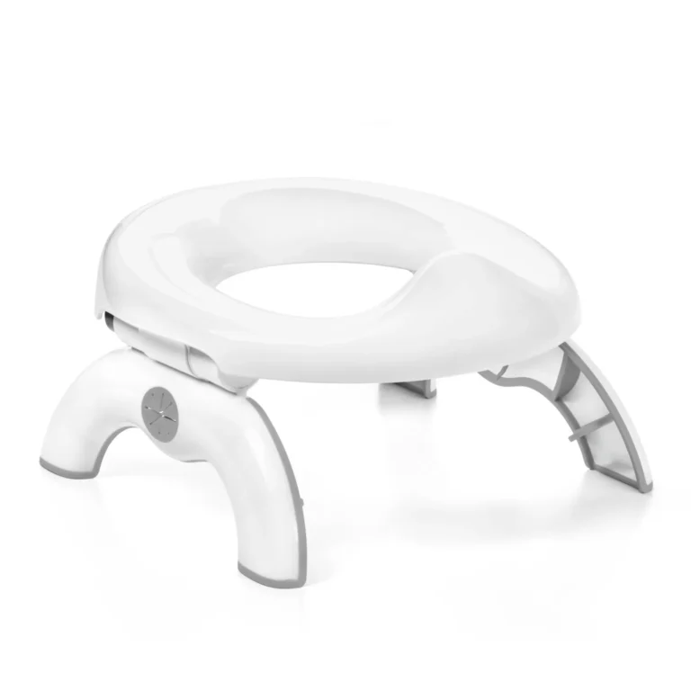 OXO Tot 2-in-1 Go Travel Potty unfolded in freestanding mode with its drawstring travel bag beside it