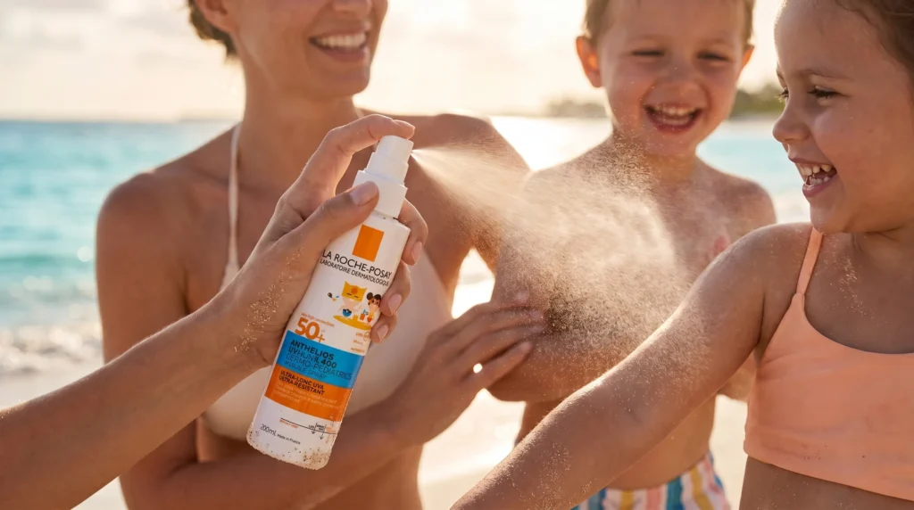Create a luxury product photoshoot style image, of a mother spraying her kids on the beach, close up shot on product.