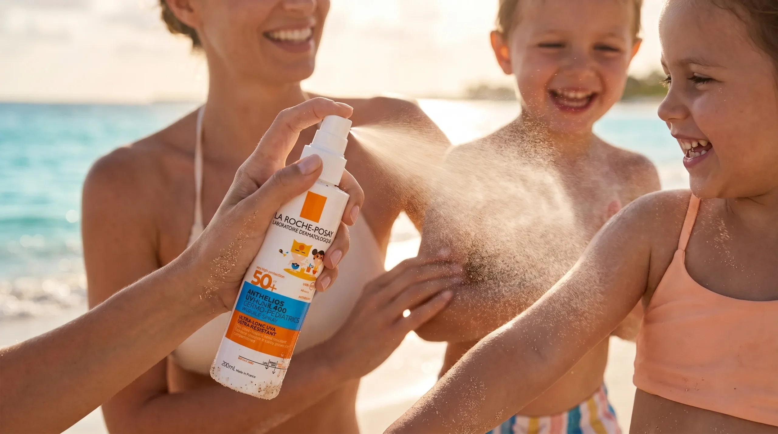 Create a luxury product photoshoot style image, of a mother spraying her kids on the beach, close up shot on product.