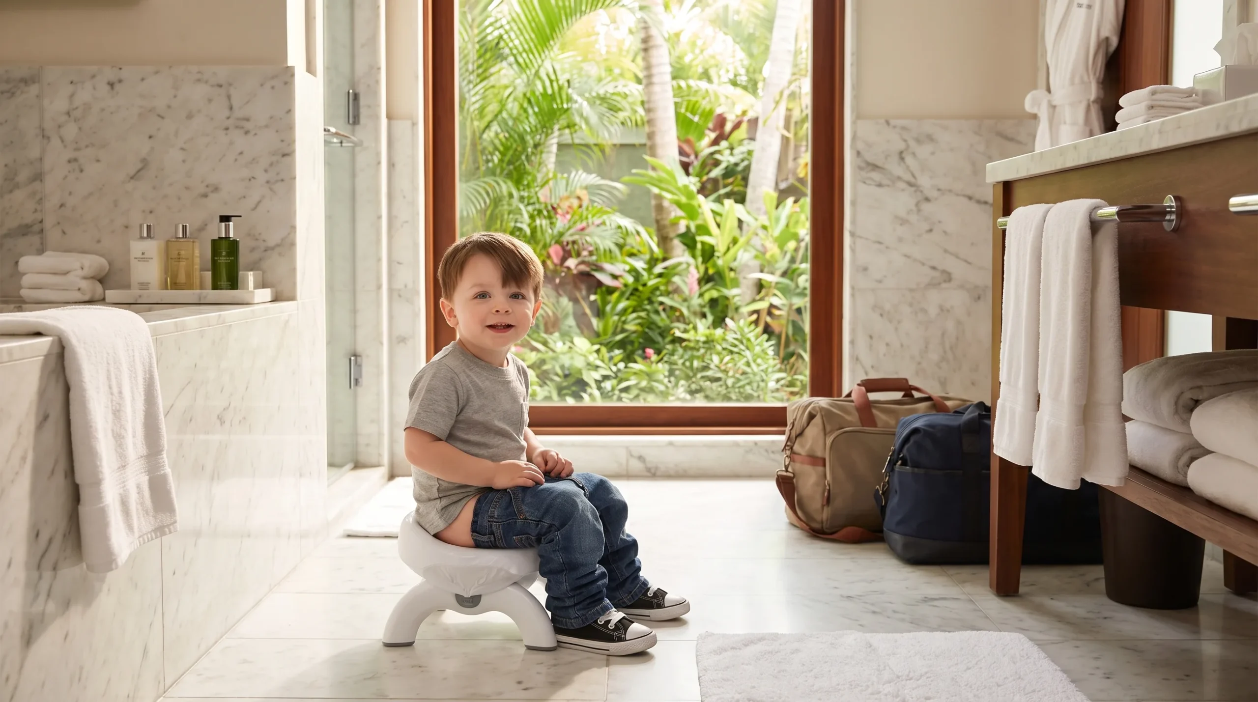 OXO Tot 2-in-1 Go Travel Potty unfolded in freestanding mode with its drawstring travel bag beside it