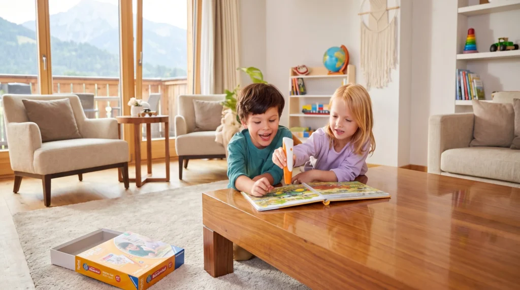 Two young children using the orange tiptoi pen on an open tiptoi farm book at a wooden table in a bright alpine living room, with the Ravensburger tiptoi Starter-Set box in the foreground