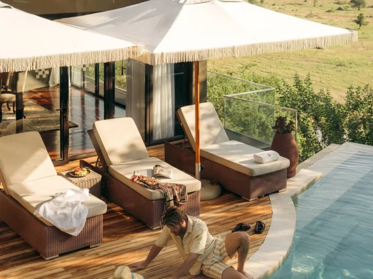 Lodge exterior buildings and thatched roof Four Seasons Serengeti