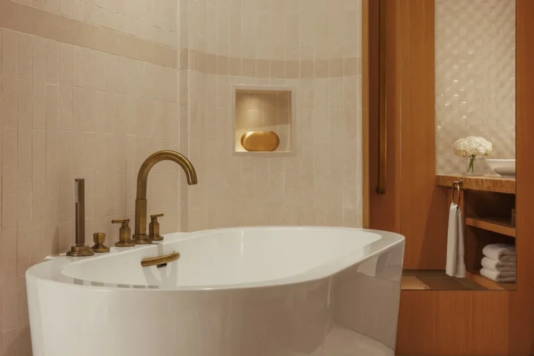 Jumeirah Beach Hotel Dubai en-suite bathroom with a freestanding soaking bathtub