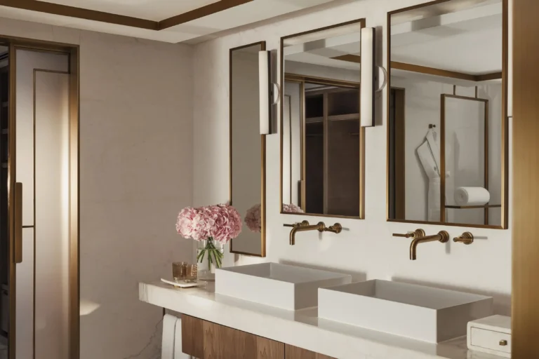 Jumeirah Beach Hotel Dubai guest bathroom with a double marble vanity and backlit mirrors