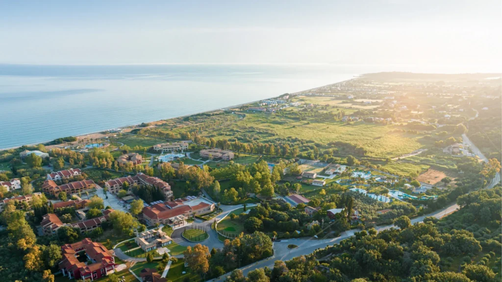 Aerial view of Grecotel LUXME Costa Botanica resort on the coast of Corfu, Greece