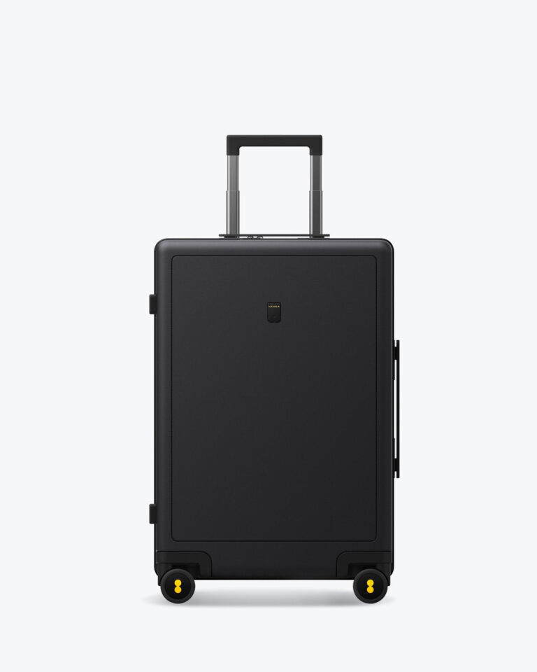 The LEVEL8 Luminous Textured 20-inch carry-on in black, front panel showing the textured polycarbonate shell