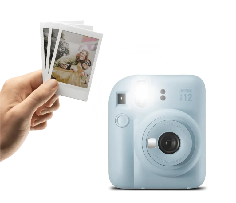 Fujifilm Instax Mini 12 automatic exposure feature image showing the camera and instant print