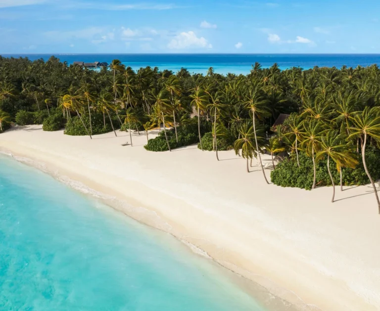 Aerial drone view of One&Only Reethi Rah beaches and overwater villas, North Malé Atoll, Maldives