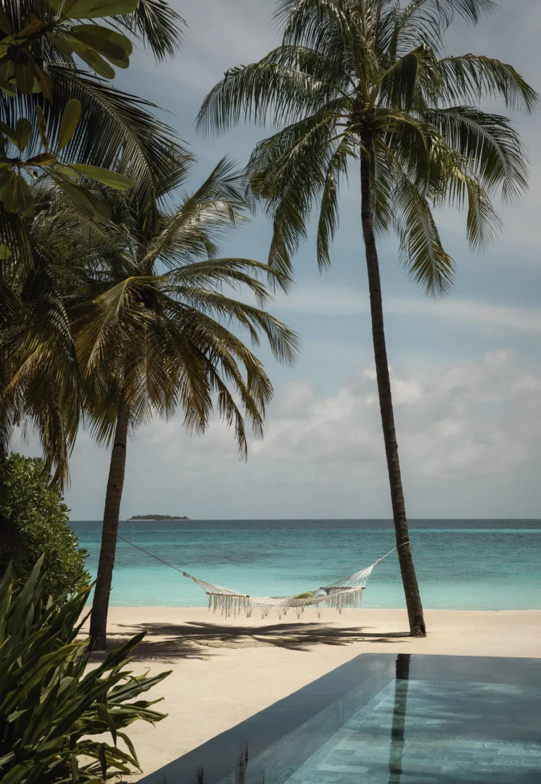 Aerial drone view of One&Only Reethi Rah's beaches and villas, North Malé Atoll, Maldives