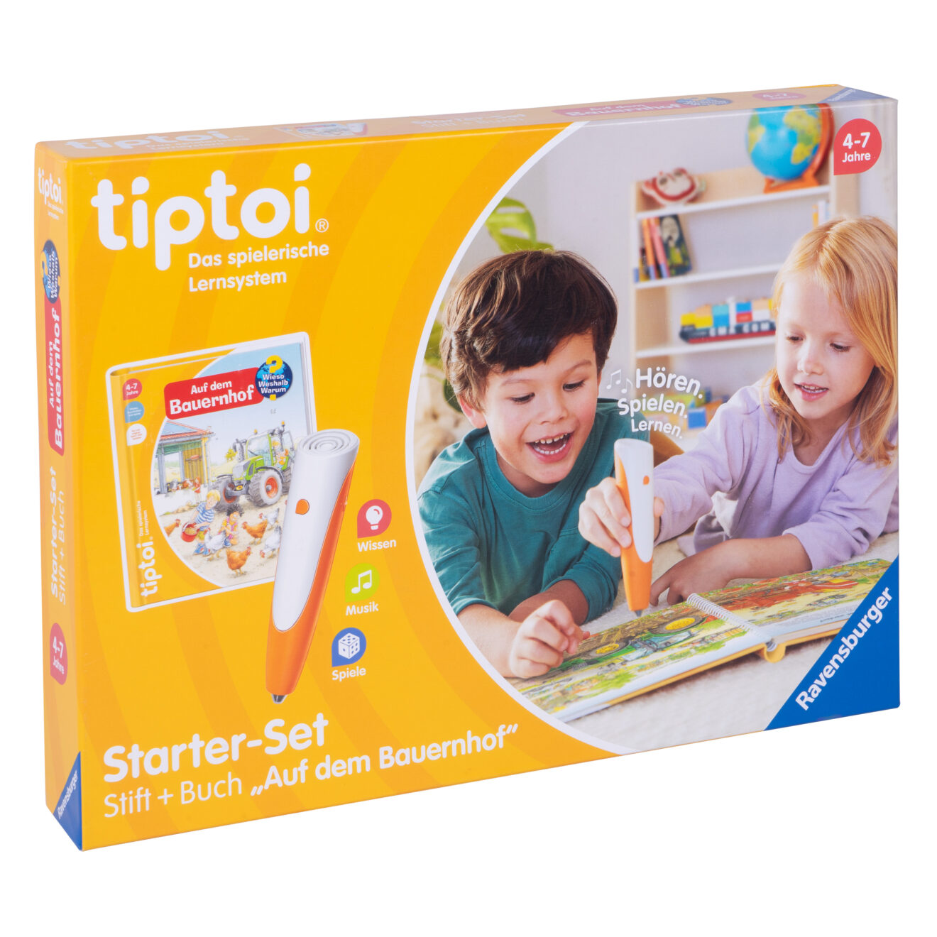 Ravensburger tiptoi 4th-generation pen resting on the open Auf dem Bauernhof Starter-Set book