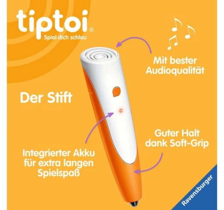 tiptoi pen close-up on orange background with feature callouts: built-in rechargeable battery, soft-grip body, high-quality audio