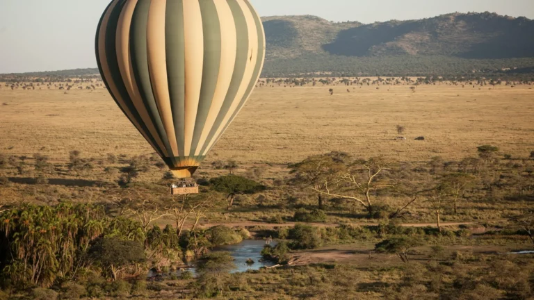 Hot air balloon safari over the Serengeti at sunrise