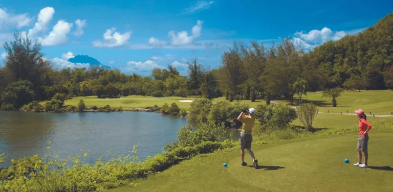 Dalit Bay Golf and Country Club fairway at Shangri-La Rasa Ria with tropical backdrop