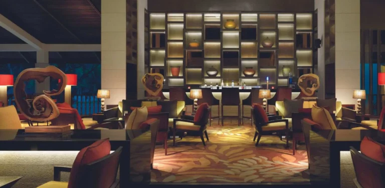 Lobby lounge at Shangri-La Rasa Ria with comfortable seating and tropical decor