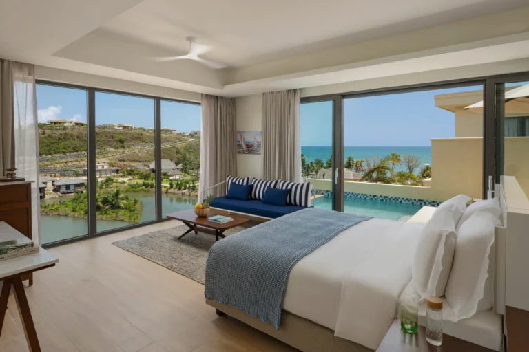 Pool suite with private plunge pool and ocean view at Six Senses La Sagesse