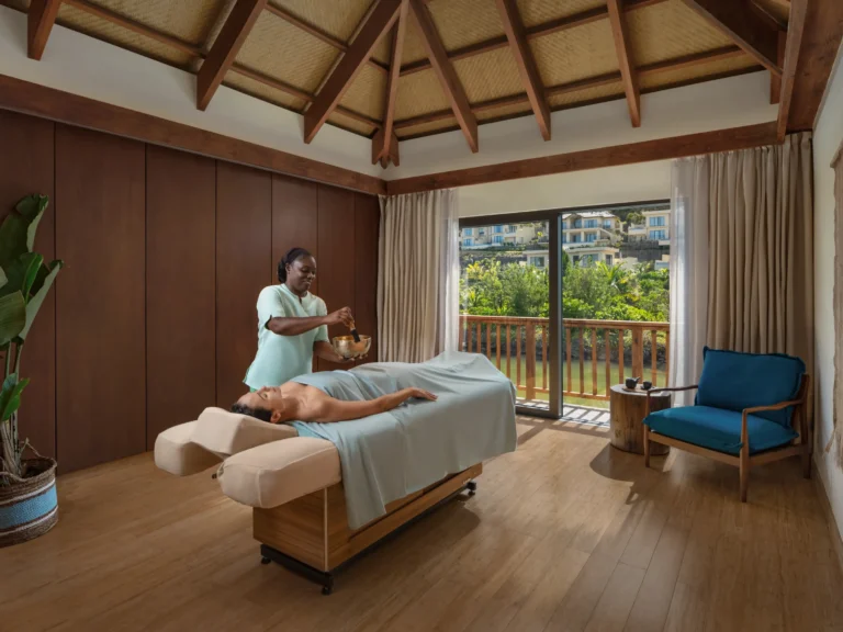 Six Senses Spa treatment pavilion overlooking the lagoon at Six Senses La Sagesse