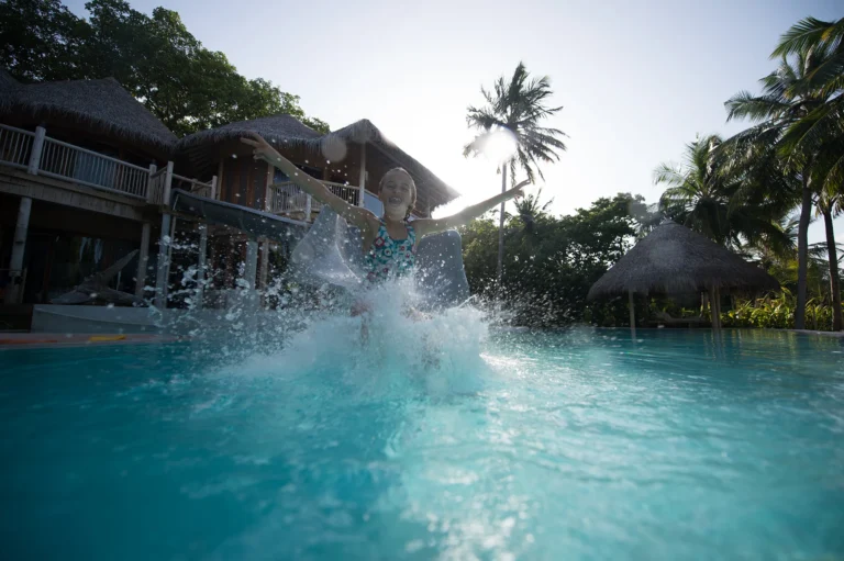 Childrens pool and outdoor play at The Den, Soneva Fushi kids club Maldives