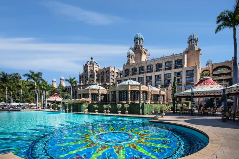 The Palace of the Lost City rising above tropical gardens and Sun City Resort