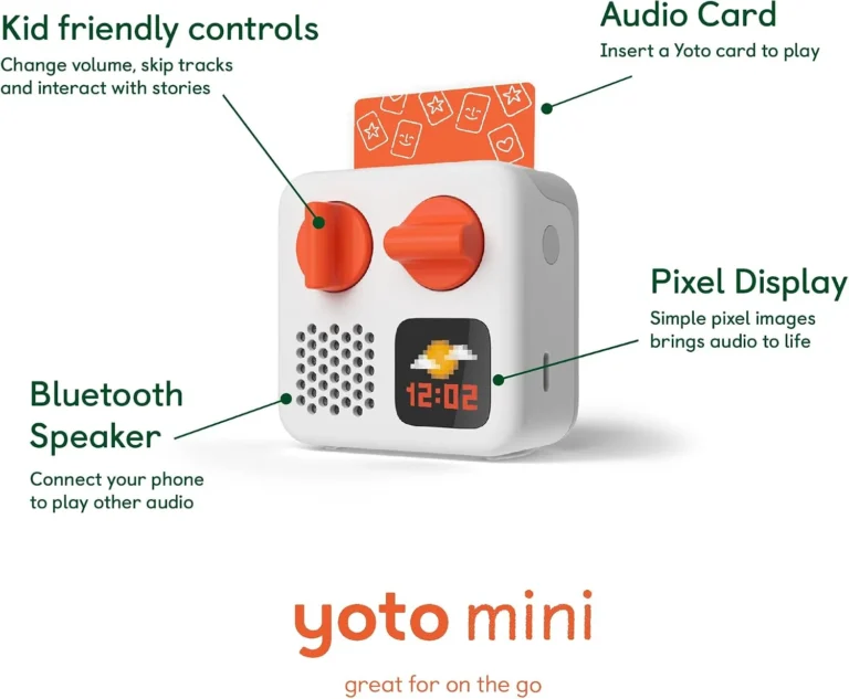 Yoto Mini feature diagram identifying the control dials, audio-card slot, pixel display and Bluetooth speaker