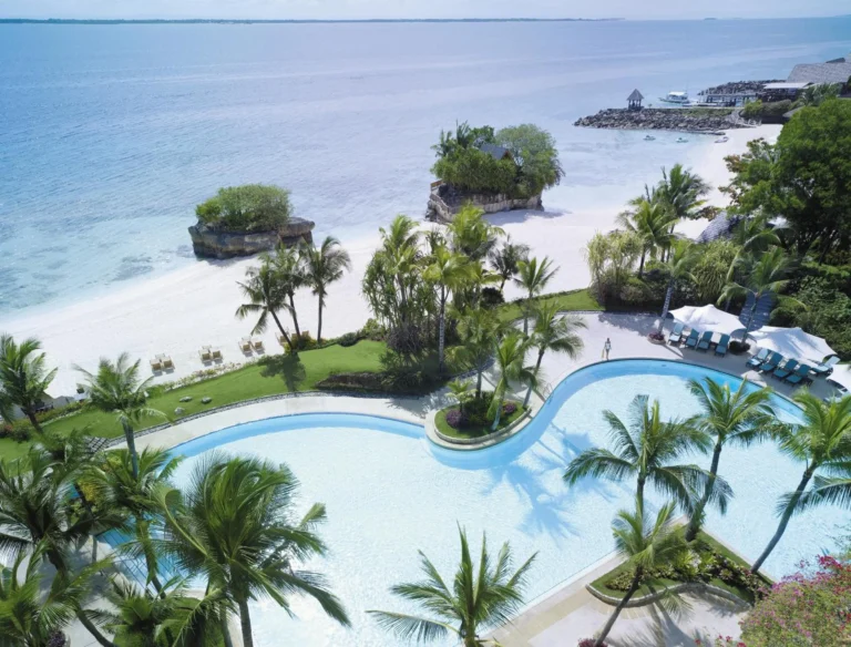 Aerial view of Shangri-La Mactan, Cebu's pool terraces and the Mactan Channel