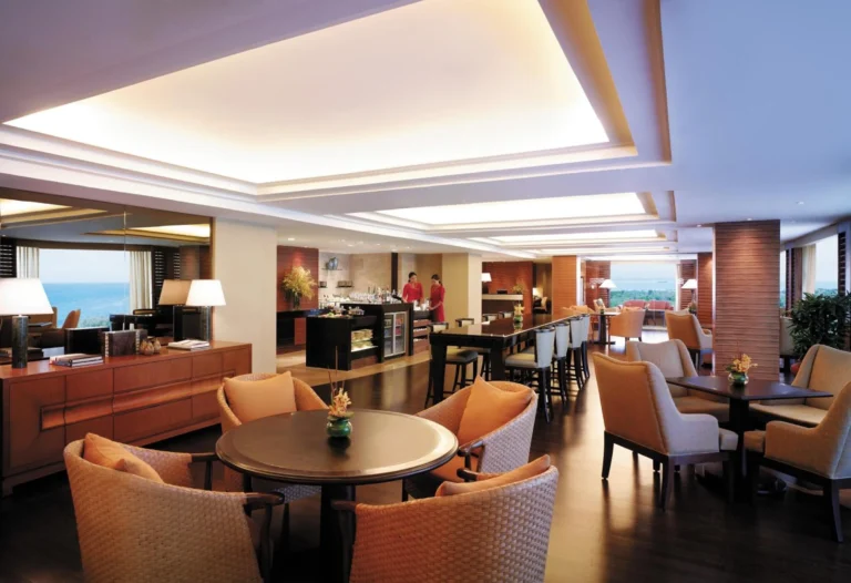The Ocean Club lounge seating area with sea views at Shangri-La Mactan, Cebu