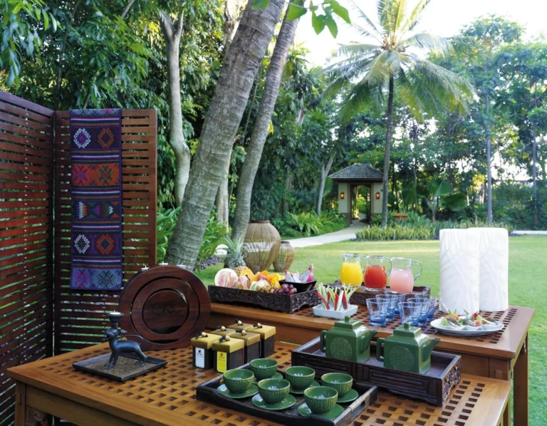 A garden welcome table with tea and refreshments at CHI, The Spa, Shangri-La Mactan, Cebu