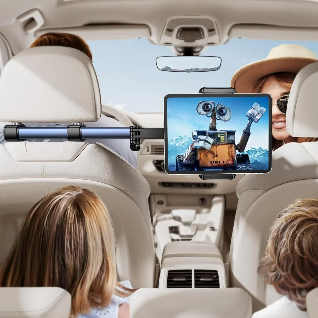 Lamicall tablet headrest mount holding an iPad between two rear car seats with children watching