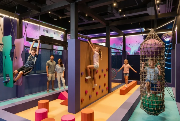 A family watching children climb the ninja warrior course at the Atlantis Explorers Club