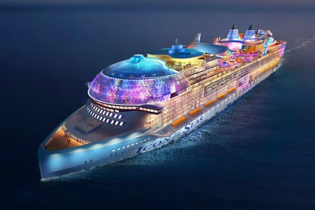 Icon of the Seas aerial bow view showing the full ship at sea
