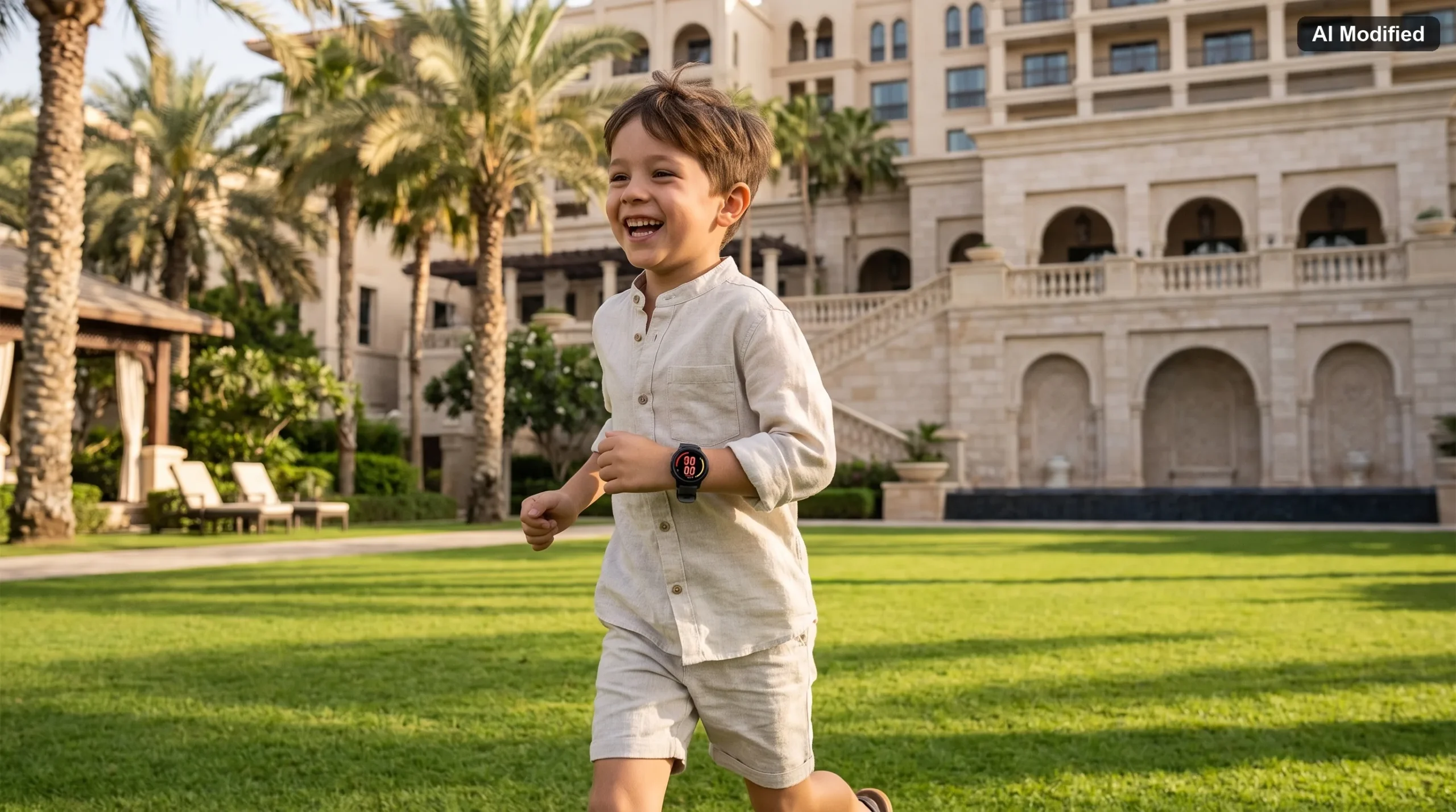 Laughing young boy wearing a kids' smartwatch runs across a manicured lawn in front of a grand arched hotel building