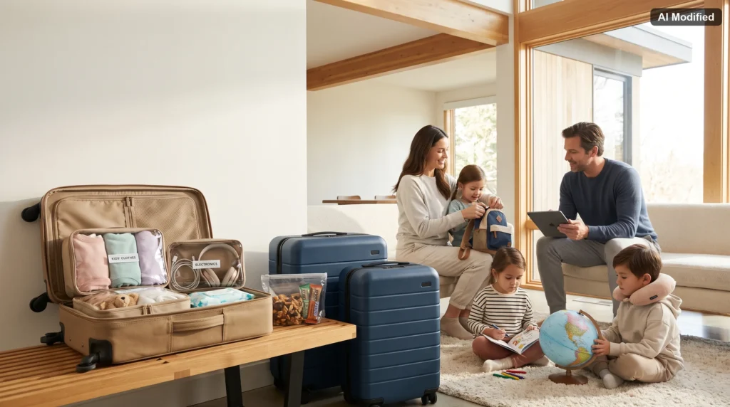 Family preparing organised luggage for a long-haul trip