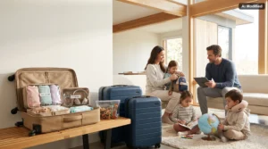 Family preparing organised luggage for a long-haul trip