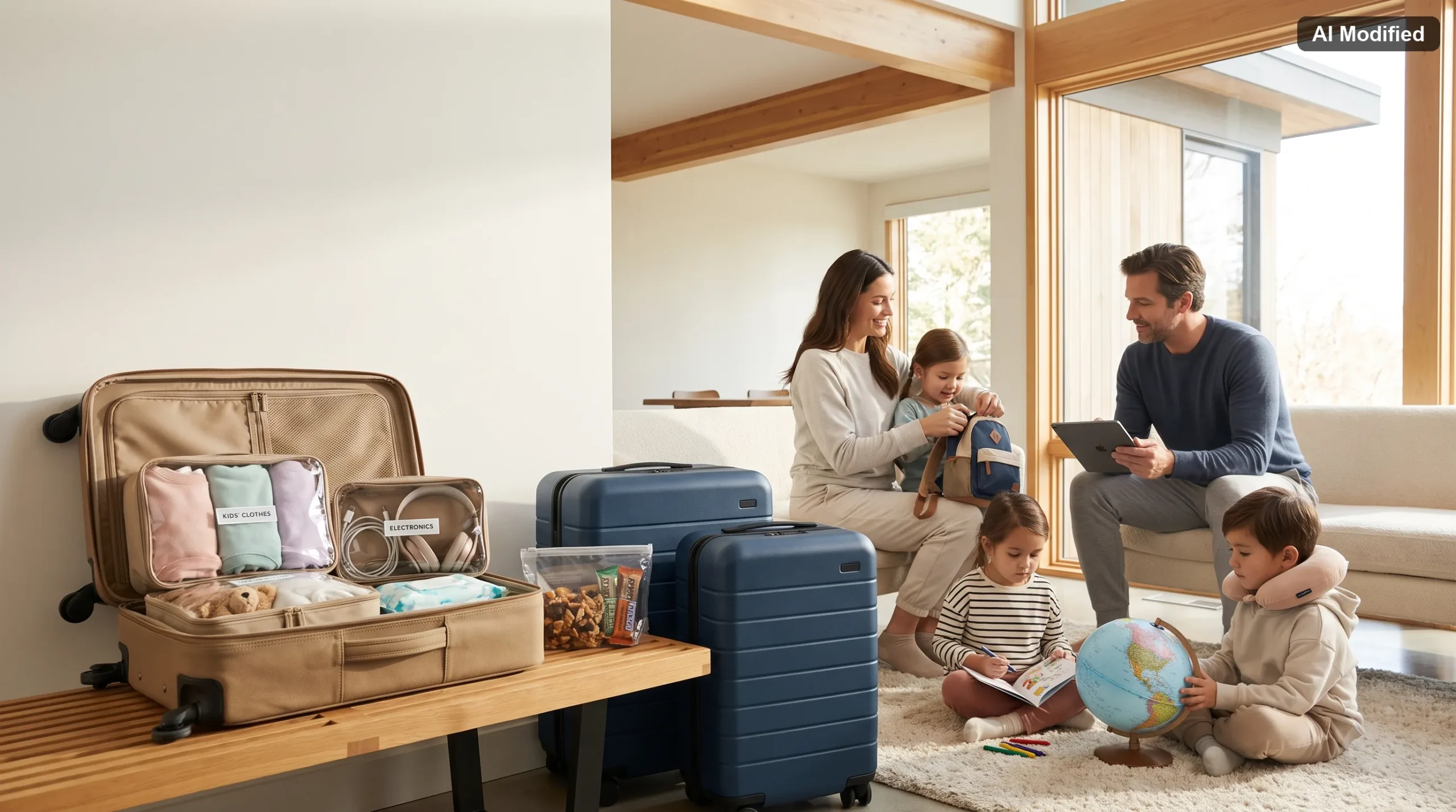 Family preparing organised luggage for a long-haul trip
