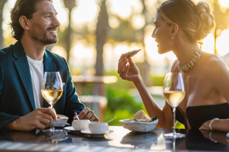 Couple at an outdoor restaurant terrace at Jumeirah Al Naseem at sunset — man in teal blazer and woman in jewelled dress sharing fresh seafood and white wine with palm trees in soft golden bokeh behind them