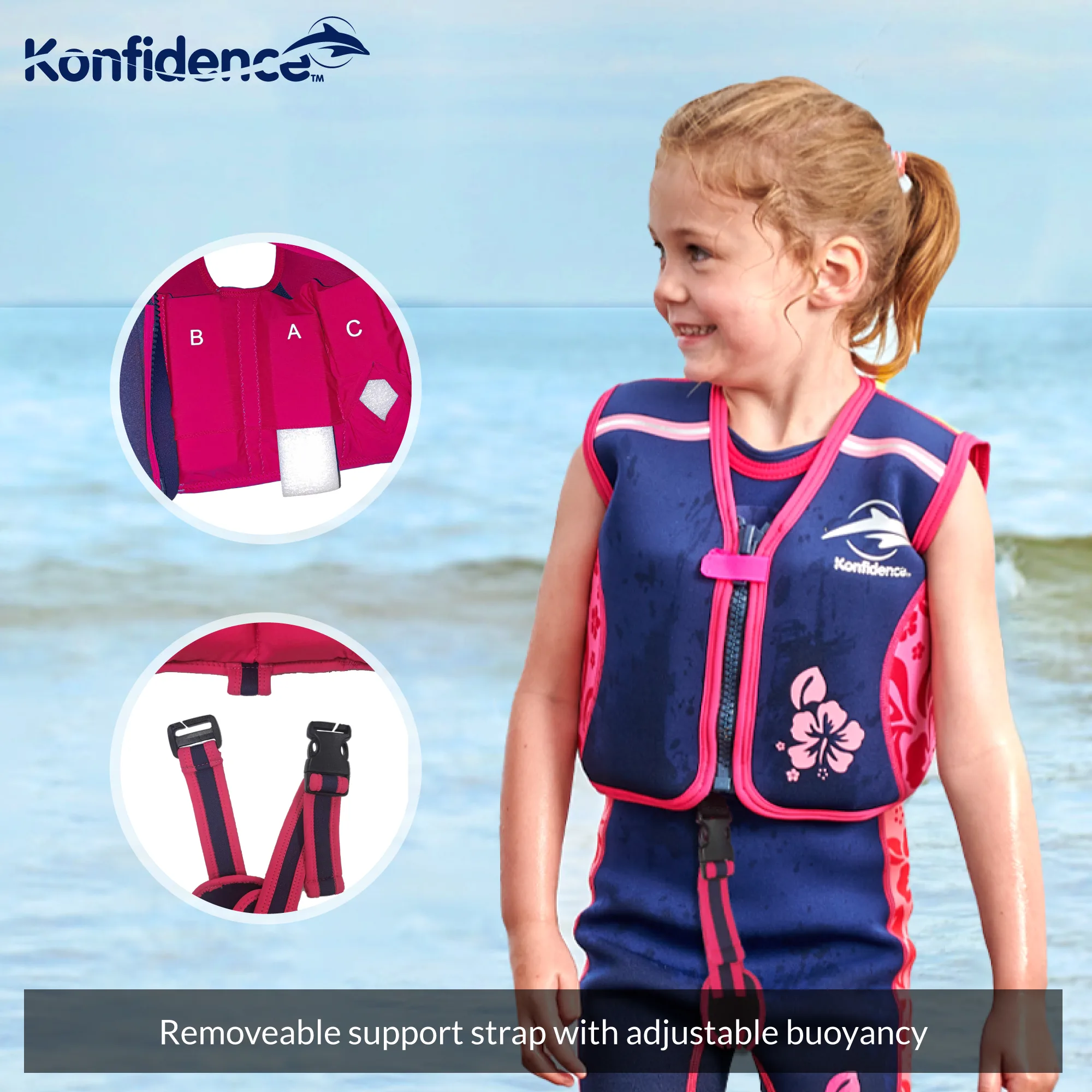 Konfidence Original Jacket buoyancy swim vest laid flat showing the eight removable foam float pockets and front zip