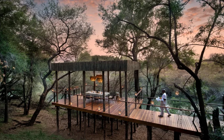 River House outdoor sala at Morukuru Family Madikwe — shaded lounge in the bush
