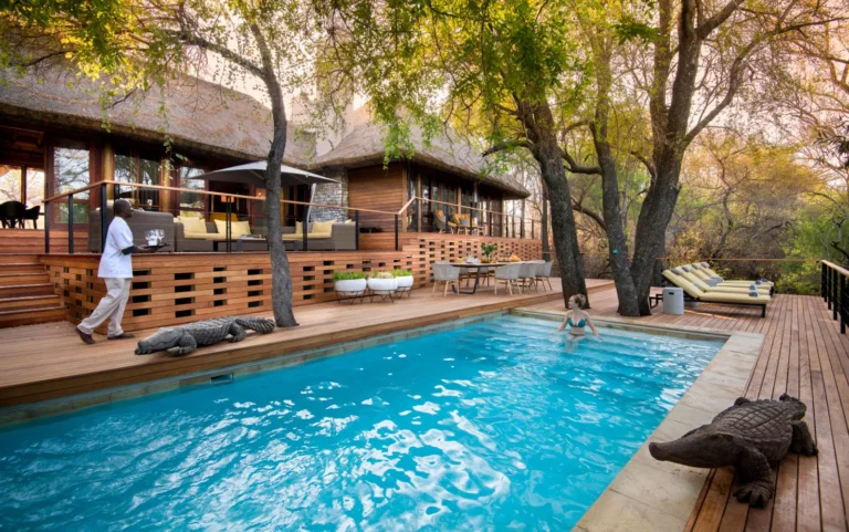 River House pool and deck at Morukuru Family Madikwe, overlooking the bush