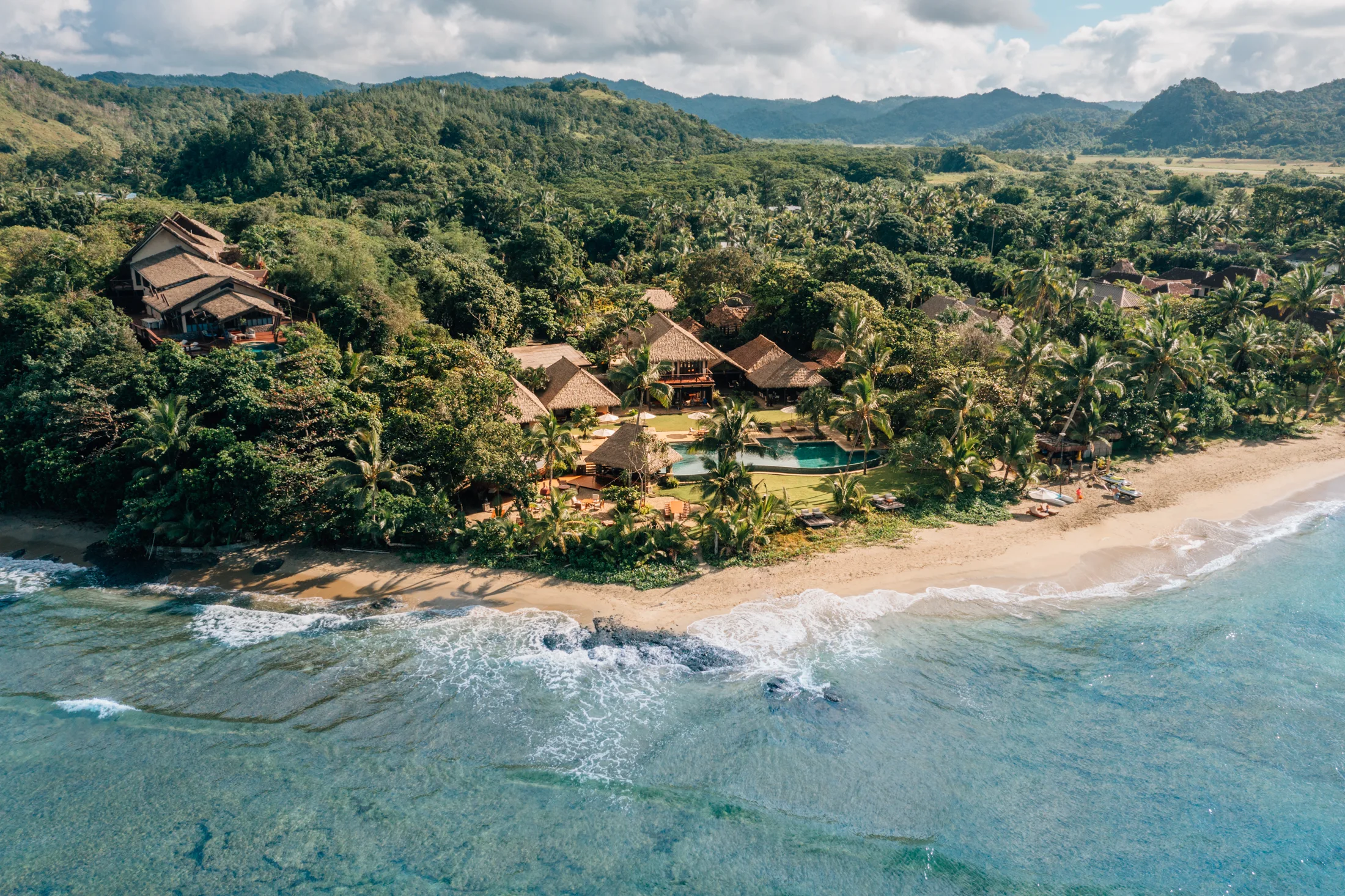 Nanuku Resort beachfront estate aerial view, Coral Coast Fiji