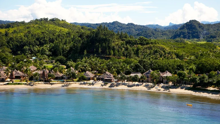 Aerial view of Coral Coast coastline and tropical landscape around Nanuku Resort