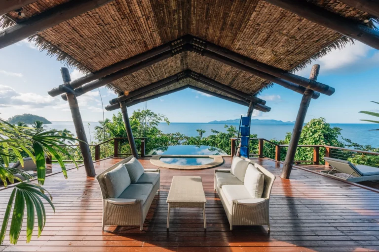Panoramic Pacific Ocean view from three-bedroom hilltop residence at Nanuku Resort