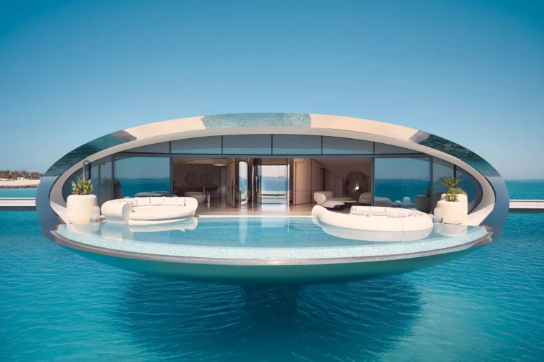 Dining area at Shebara Resort with panoramic ocean views and Rockwell Group interiors