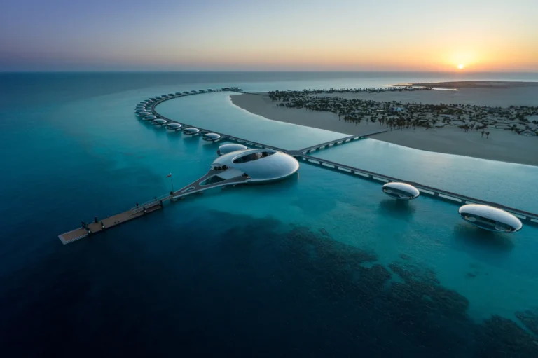 Shebara Resort overwater orb villas at November 2024 opening, sea-level perspective