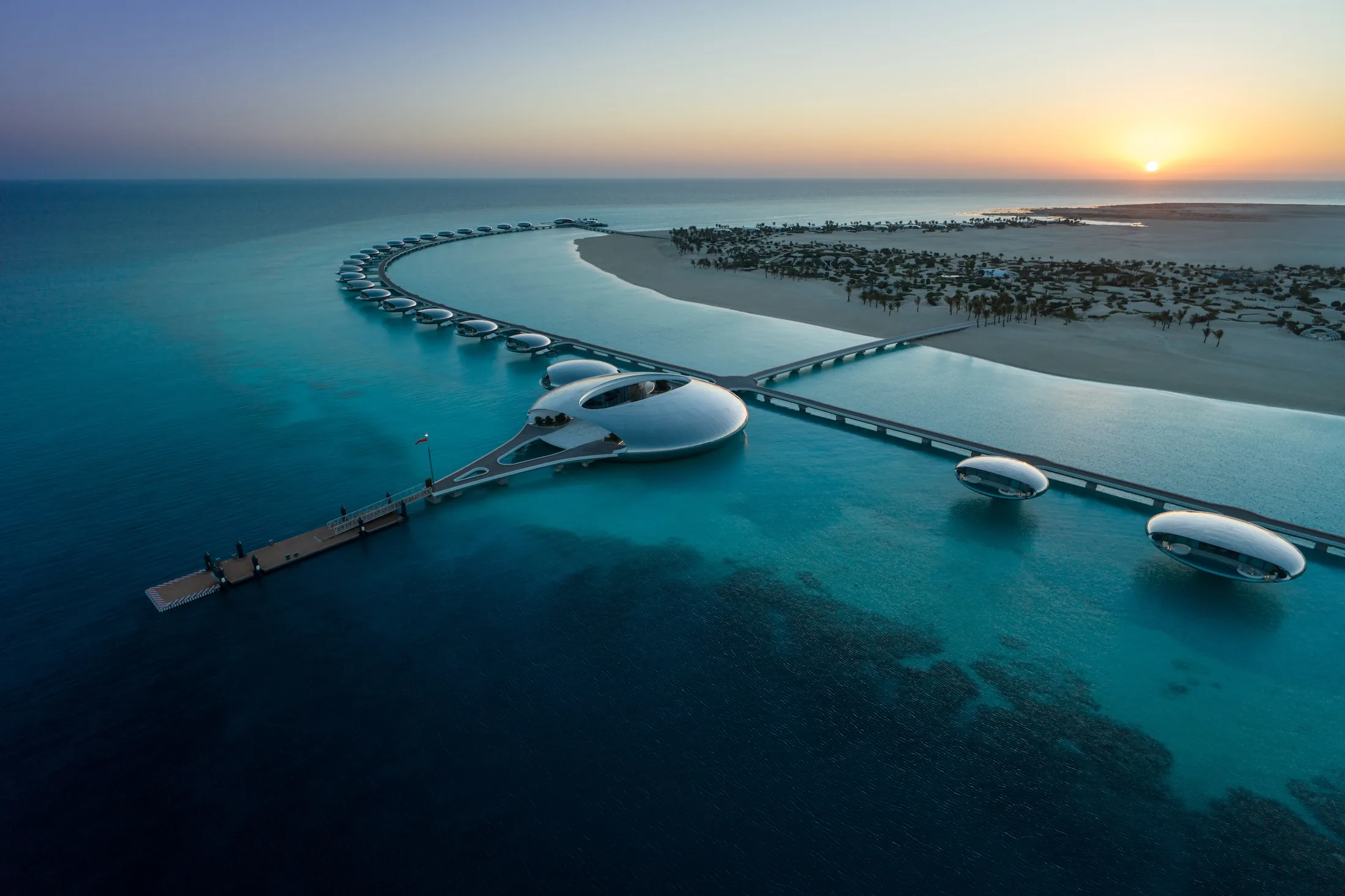Shebara Resort overwater orb villas at November 2024 opening, sea-level perspective