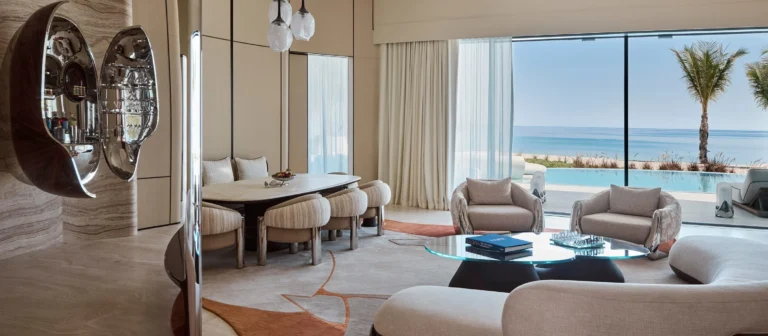 Royal Villa living space at Shebara Resort with panoramic Red Sea views